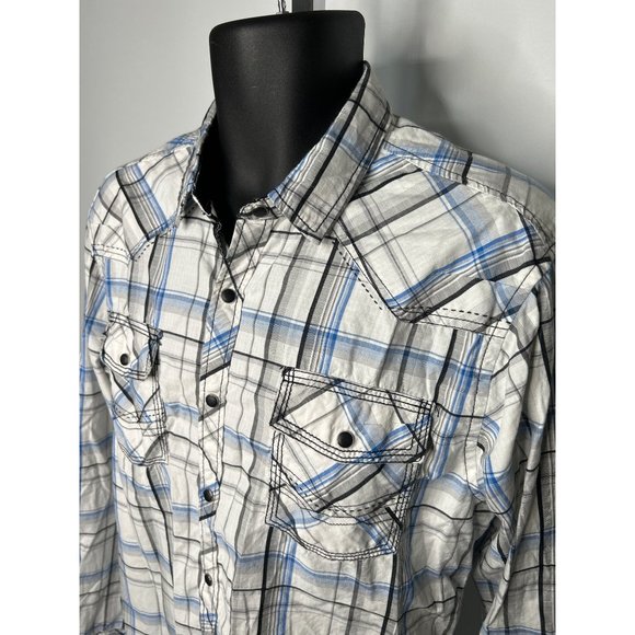 LARGE Buckle BKE Athletic Fit Pearl Snap Button Shirt Long Sleeve White Blue Pla - Picture 3 of 7